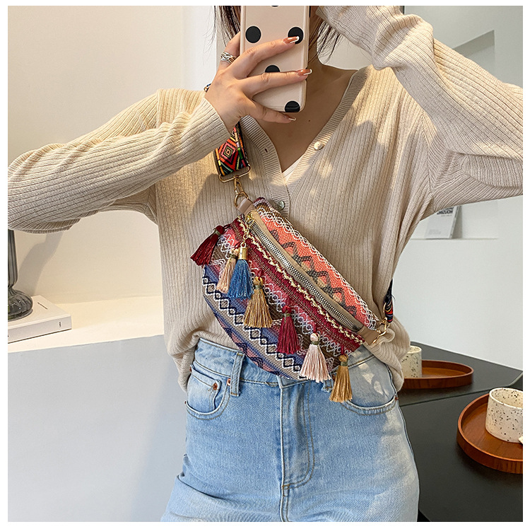 Venda quente pequeno peito perfumado tecido estilo étnico cor contrastante borla nova fita cintura bolsa crossbody tendência_voghion.com