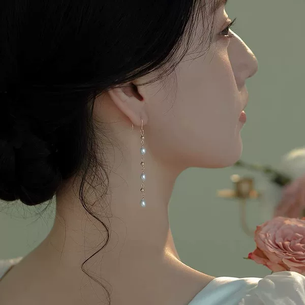 Natural Pearl Millet Pearl Fairy Temperament Tassel Long Ear Hook Earrings Accessible Luxury Commuter Earrings Hot Trend