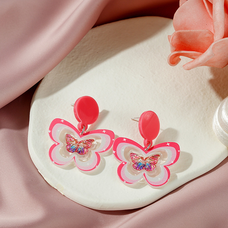 Cartoon Three-dimensional Printing Butterfly Sweet Pink Cute Copper Earrings display picture 4
