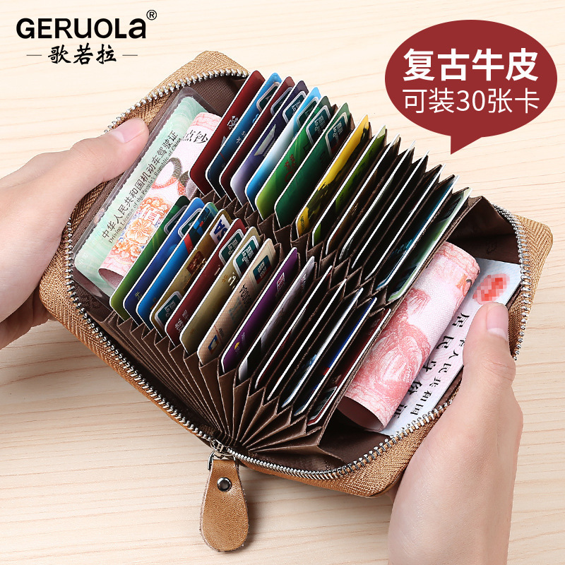 Geruola Leather Factory Card Bag para hombres Cremallera de gran capacidad Caja de tarjetas de cuero con múltiples posiciones Almacenamiento de 30 posiciones para hombres
