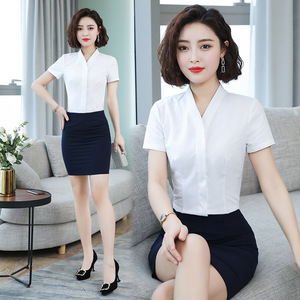 Professional shirts with short sleeves in summer female uniform white office dress v-neck hotel receptionist work clothes