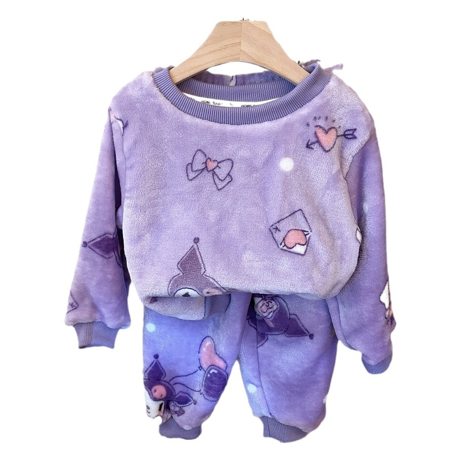 Nueva franela pijamas niños coral polar Niños Niñas bebé de dibujos animados cuello redondo homewear forrado de lana engrosada conjunto