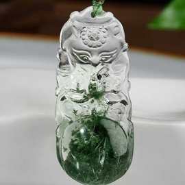 精品天然绿幽灵将军九尾狐仙吊坠项链挂坠毛衣链绿幽灵与银针共生