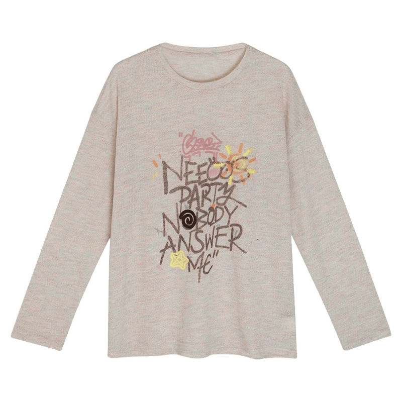 レイジースタイル漫画落書きラウンドネック長袖Tシャツレディースレタープリントデザインゆったりと多用途日焼け止めブラウス夏|undefined