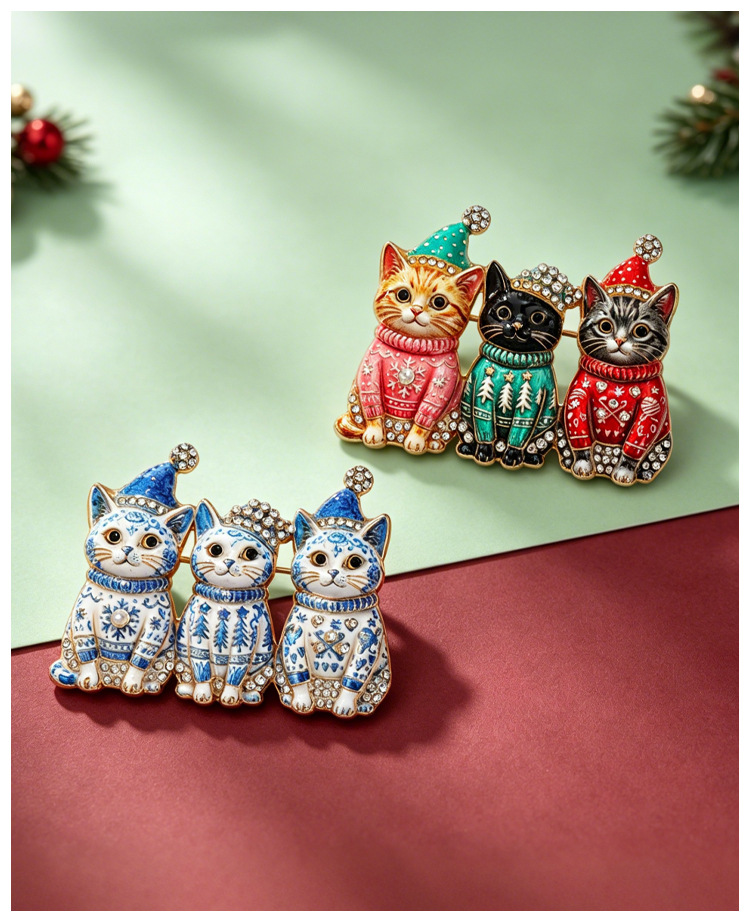 Christmas sweater kitten brooch, alloy enamel with rhinestones, cat and calico cat design, suit pin, holiday accessory
