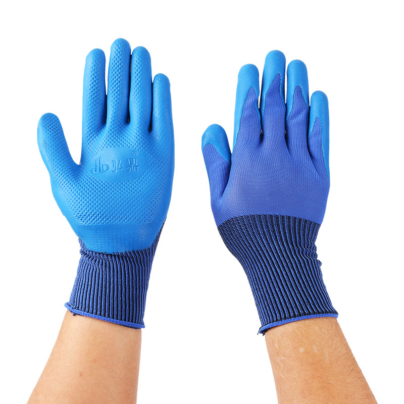 Guantes de construcción al por mayor de nylon nitrilo sumergido guantes colgantes de goma antideslizantes resistentes al desgaste guantes de nitrilo azul blanco