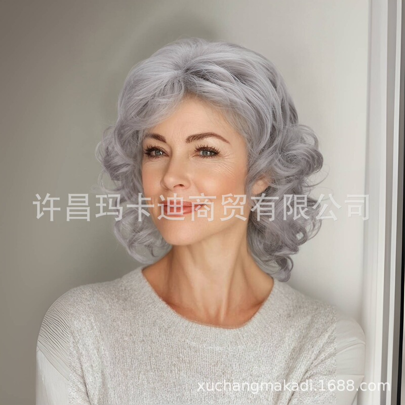 European and American wig grandma gray middle-aged wig silver gray chemical fiber headgear old woman short curly hair factory in stock
