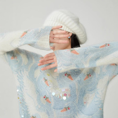 Feiry優しい風の明るいビーズの長袖のニットの女性の薄いタイプの2025春の新型のゆったりしている怠惰なセーター
