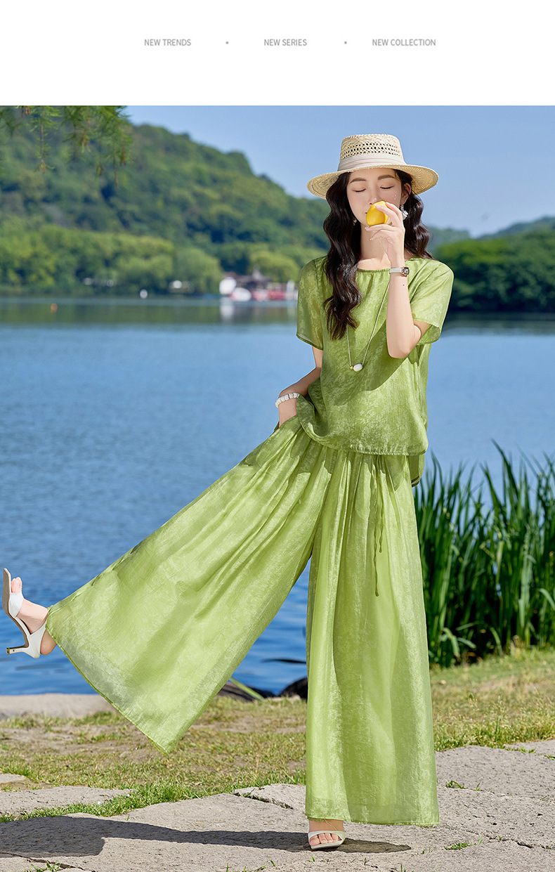 Bộ quần áo hai mảnh sơ mi hoa văn nổi quần ống rộng phong cách Trung Quốc mới — Xanh lá cây nhạtcolor, màu trắng chi tiết 21