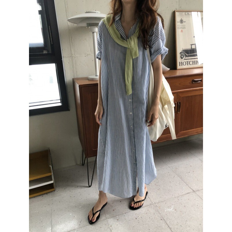Vintage Laid-back Striped Shirt Western Style Loose Super Long Shirt dress