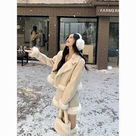 鹿皮绒装女小香风加厚秋季高腰半身短裙时尚两件套仿外套新款加绒