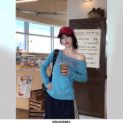 美式高街白色显瘦字母印花斜肩长袖防晒衣罩衫女夏季高级感上衣潮