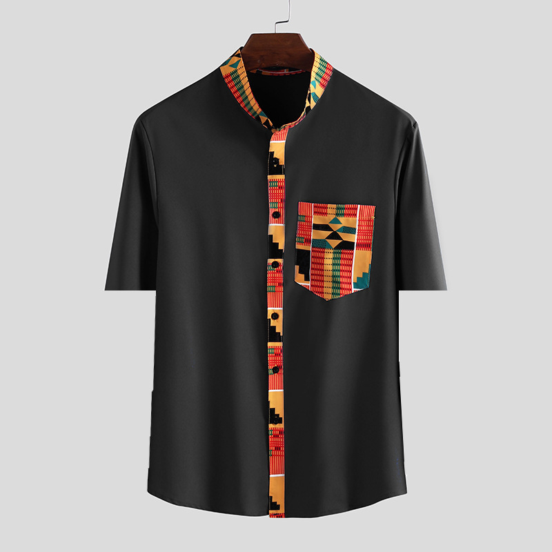 Men Shirt National Style Wear Standing C...