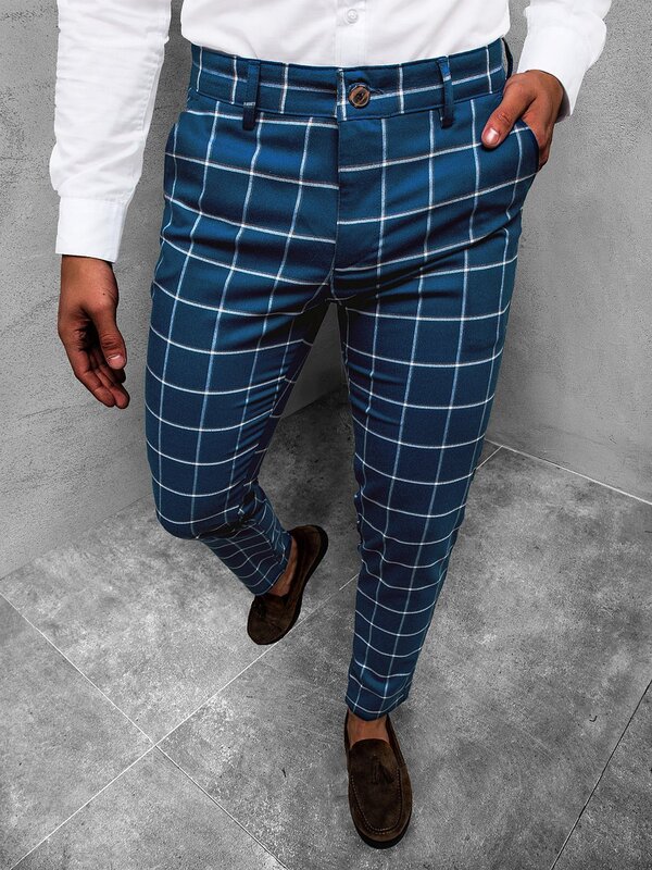 2022 Men's Plaid Youth Regular Slightly Elastic Mid-Waist Trousers Versatile Simple European and American Style Sports Casual Pants
