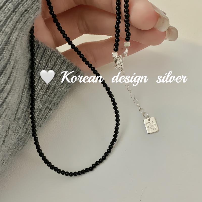 韓國fever同款黑瑪瑙ins風 S925純銀項鍊小眾設計簡約鎖骨鏈潮女