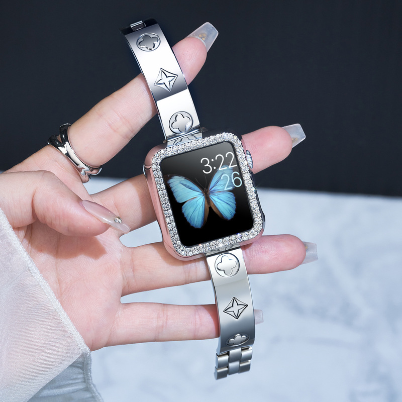 Lv Style Silver Four-Leaf Clover Diamond-Encrusted Metal Watch Band and Case Set for Apple Watch Series 1-11 Se Protective Case
