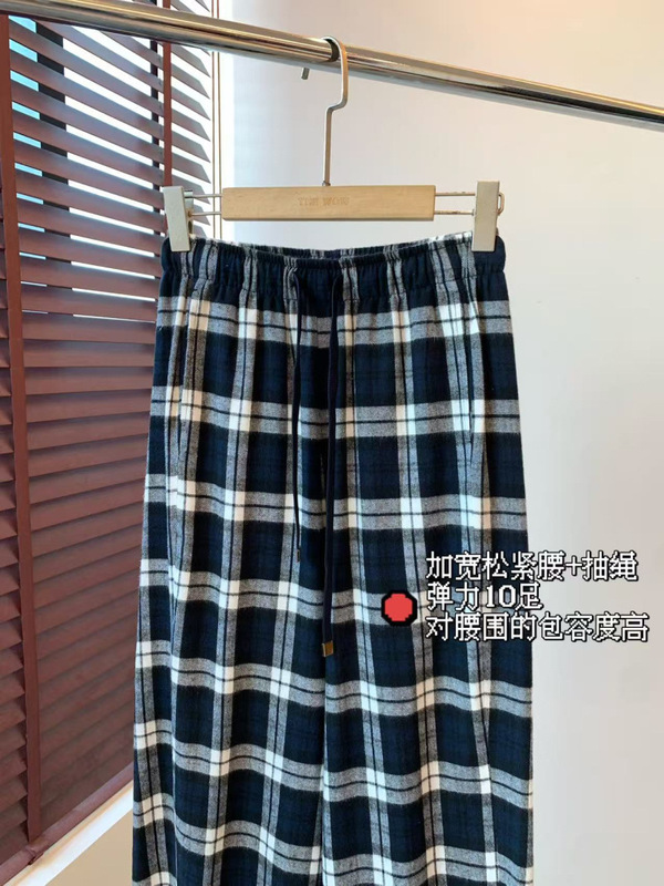 软糯柔韧 100%长绒棉磨毛工艺宽松直筒松紧腰对格纹休闲裤|undefined