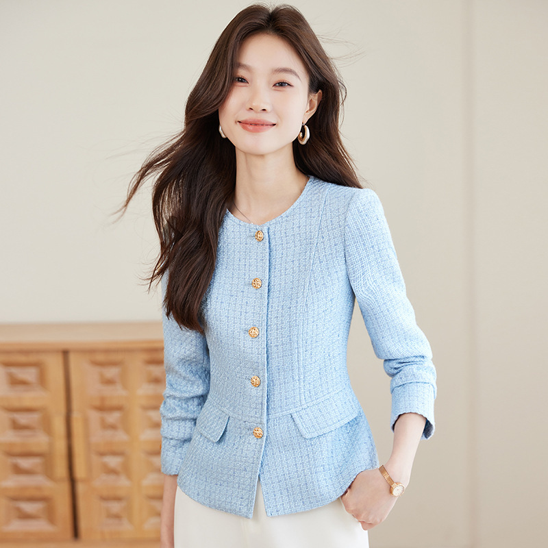 Round Neck Blazer for Women, Long-Sleeved Tweed, Small Fragrant Style, Ladylike Elegant, Versatile Small Suit, Short Style, Age-Reducing Trend