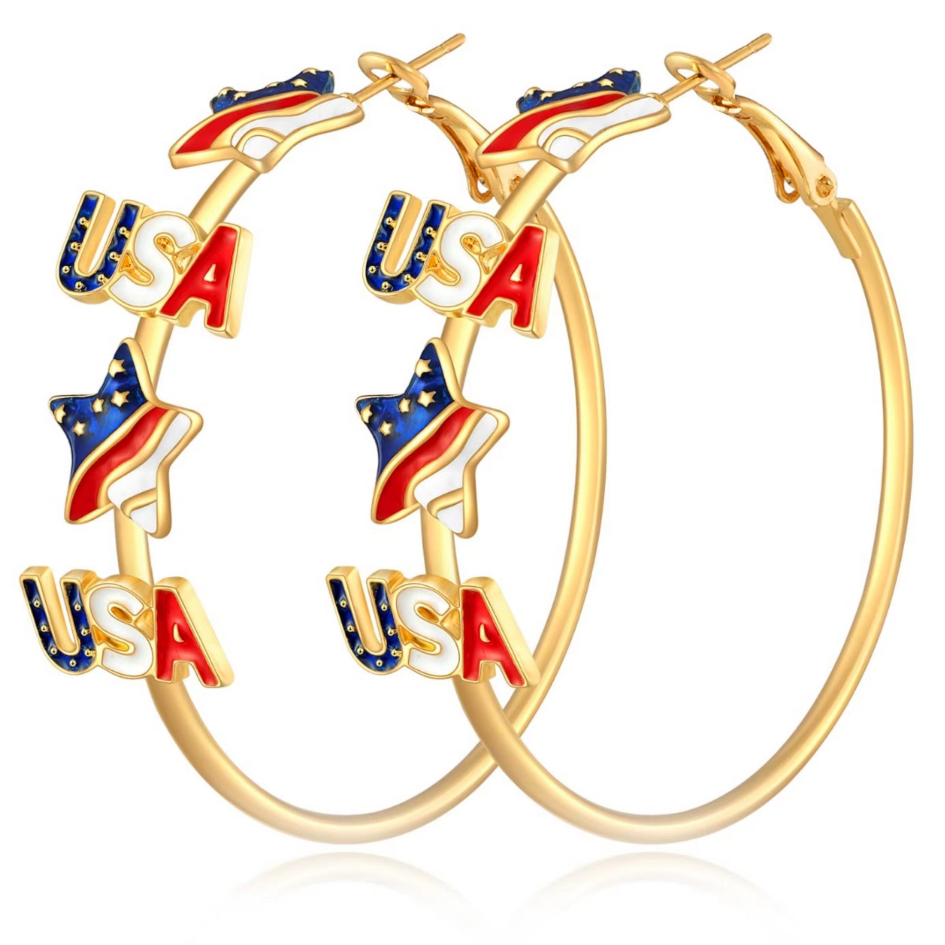 4th July American Star Hoop Earrings Women Girls American Flag Holiday Charm Ring Pendant Earrings
