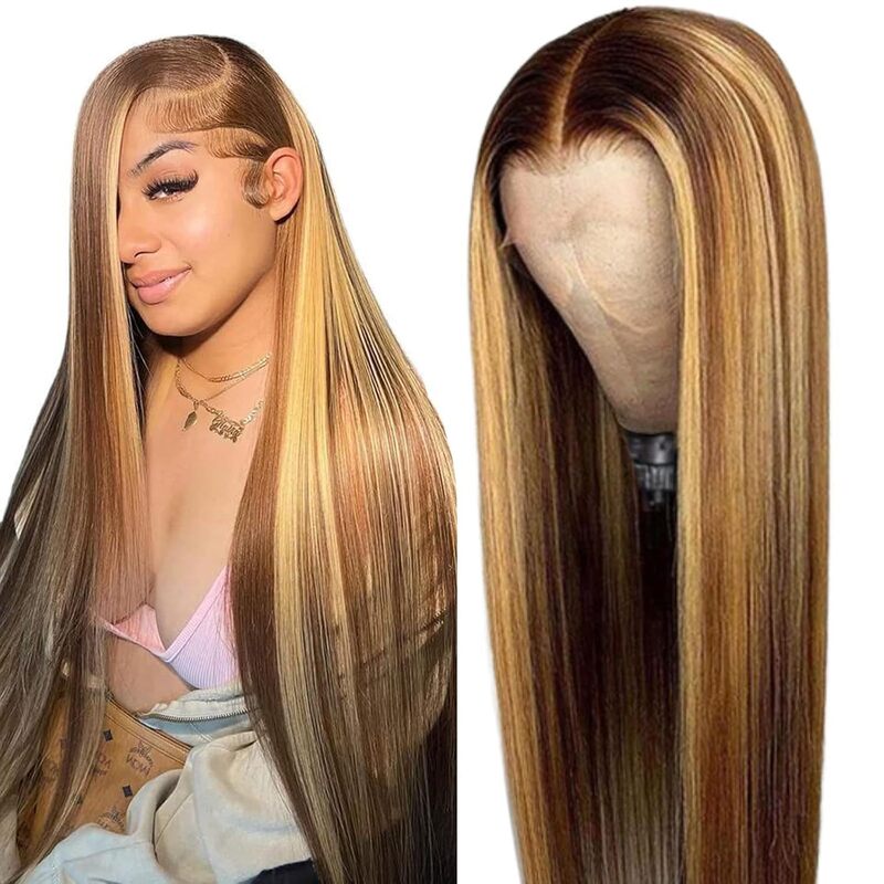 Real Human Hair Wig 5*5 Human Hair Wig Ombre Piano Color P4/27 Straight Hair Human Hair Lace Wig