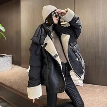 羽绒服女欧洲站冬季时尚新款欧货皮毛一体拼接颗粒绒白鸭绒外套潮