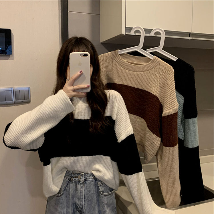 Suéter con estampado de cangrejo de cinco colores para mujer, nuevo estilo de primavera y otoño, jersey holgado, estilo retro informal, top corto a rayas para mujer.
