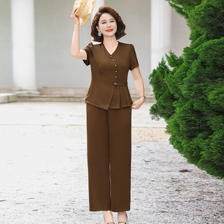 中年女装妈妈端庄大气套装夏装短袖上衣中老年夏季气质小衫两件套