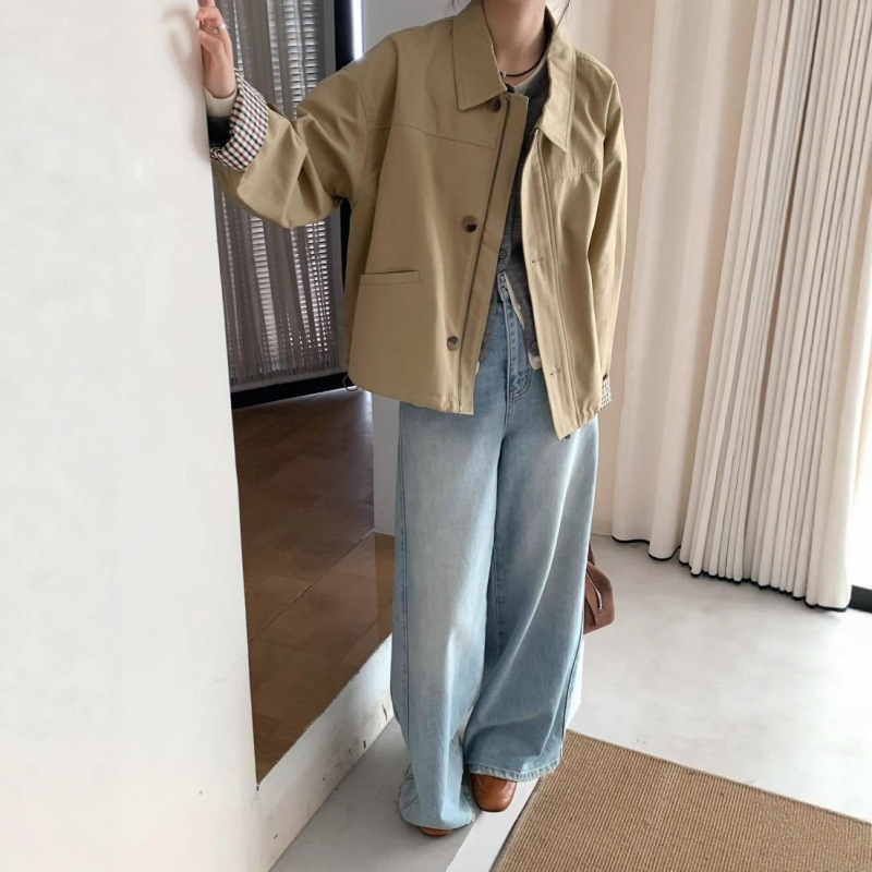 韩系高级感宽松休闲风翻领风衣外套女2025早秋新款格纹拼接上衣潮|undefined