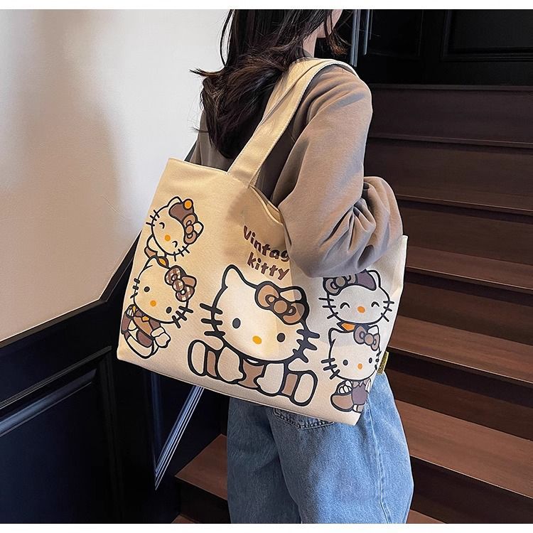 Cartoon canvas single-shoulder bag, women's large-capacity commuter tote bag, Spring/Summer 2025, cute cat tote bag, cross-border undefined