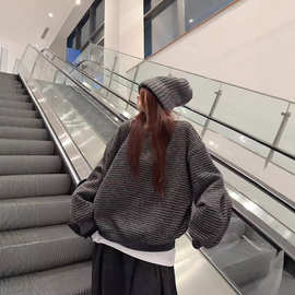美式复古2025秋冬新款条纹圆领卫衣女男女情侣宽松慵懒上衣打底衫