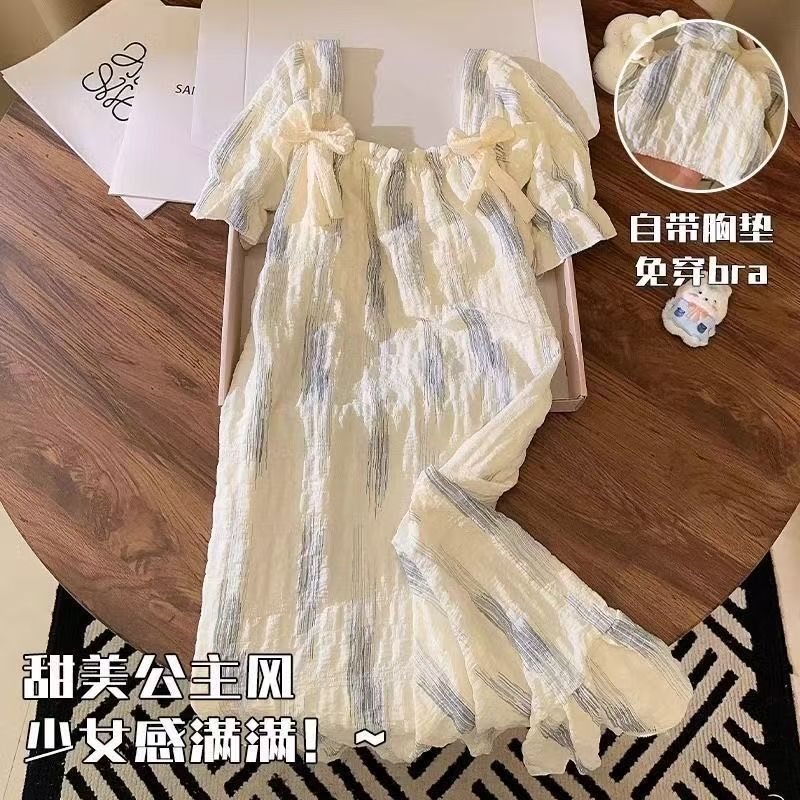 2025 verano pijama de mangas cortas mujeres cojín de pecho nubes pijama de algodón dibujos animados pequeños vestidos de chicas frescas ropa para el hogar