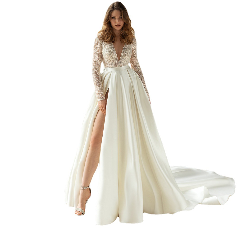 2025 lentejuelas de encaje Amazon nuevo elegante vestido de longitud media de cintura media simple vestido de noche blanco con cuello en v