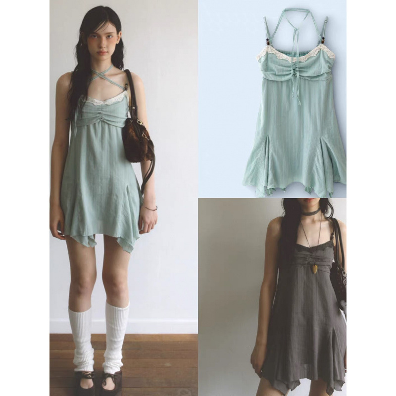 Already in stock: Korean niche brand 26 spring-summer new Korean-style vintage lace patchwork suspender dress