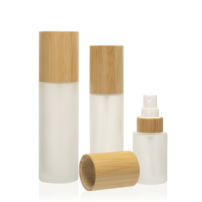 Botella de bambú natural cubierta de vidrio esmerilado botella de agua de maquillaje toner perfume spray botella de presión nano spray