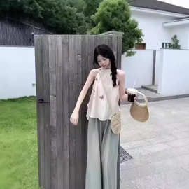 跨境立体蝴蝶挂脖露肩衬衫女夏季2024新款宽松百搭设计感背心上衣