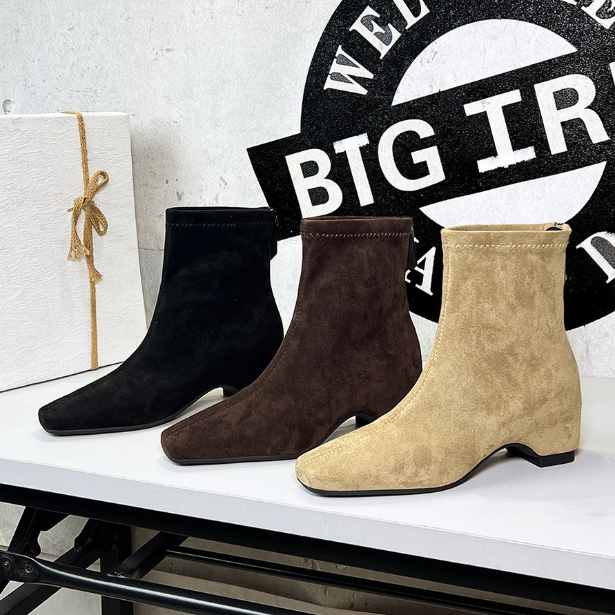 2323-1 Vintage British Style Square-Toed Ankle For Women, Suede, Back Zipper, Height-Increasing, Fashionable Stretch_vogvips.com