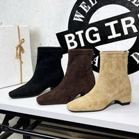 2323-1 Retro British style square toe short boots for women, suede back zipper with increased height, fashionable elastic short tube slim boots