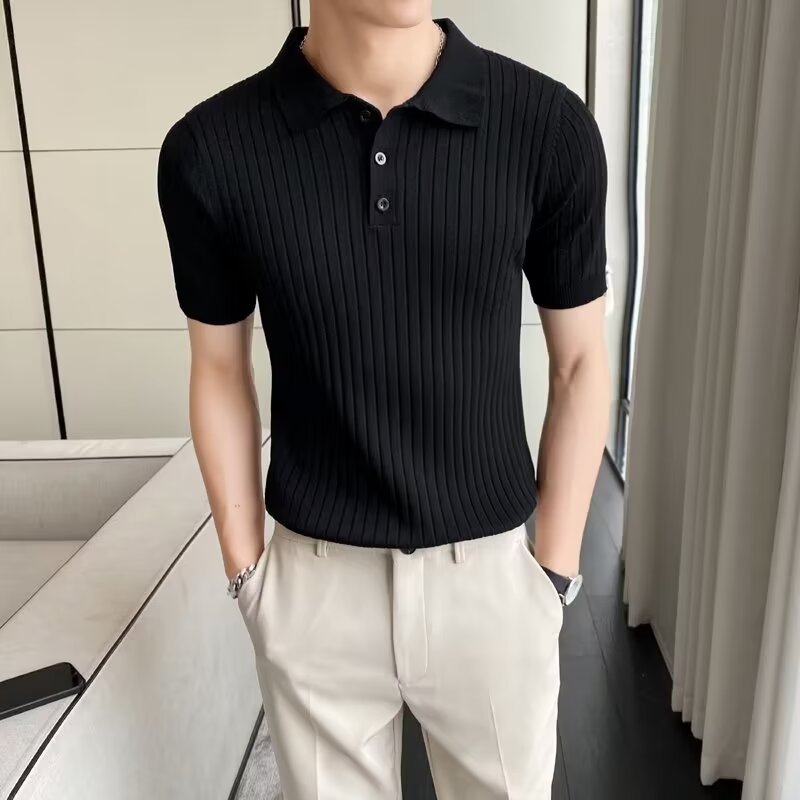 Mature Men's Slim Fit Short Sleeved Summer Knit Sweater Business Style Lapel Button American Fashion_voghion.com