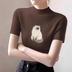 咖色半高领猫咪印花针织短袖t恤女2025新款早秋内搭外穿修身上衣