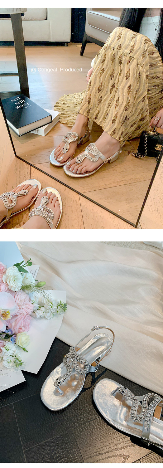 Dép xỏ ngón nữ da thật gót trung dày hở ngón phong cách Pháp đính đá rhinestone — Màu bạc chi tiết 7