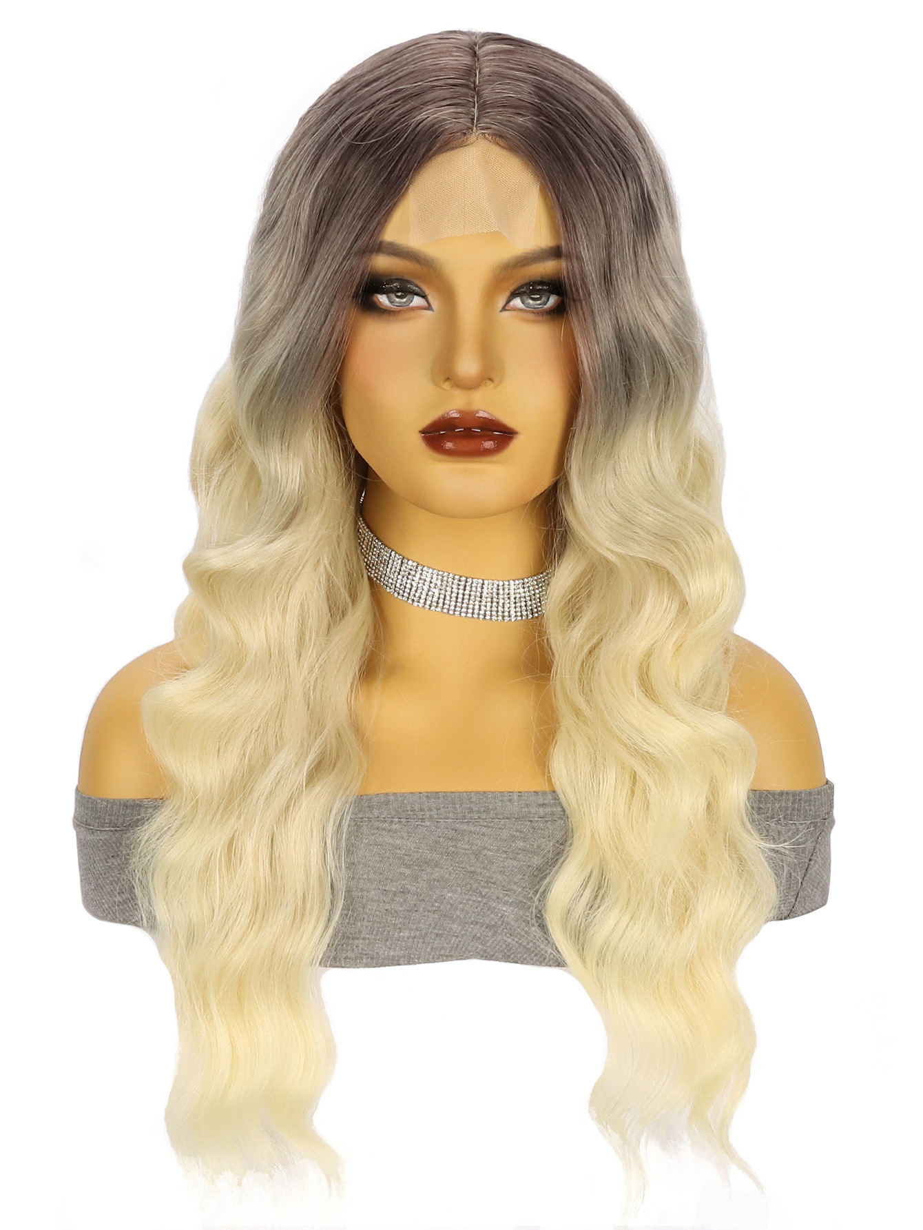 Amazon nuevo marrón onda grande largo rizo pelo de fibra química frente encaje señoras peluca pequeño en stock