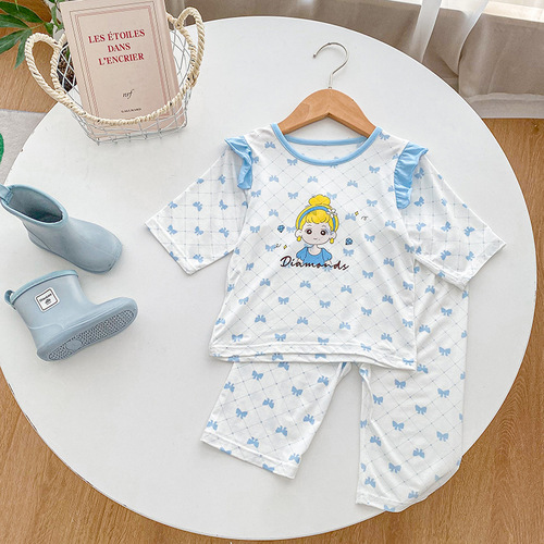 Anmeiya children's summer air-conditioned clothing micro-commerce hot product boys and girls Tencel three-quarter sleeve home clothing manufacturer wholesale