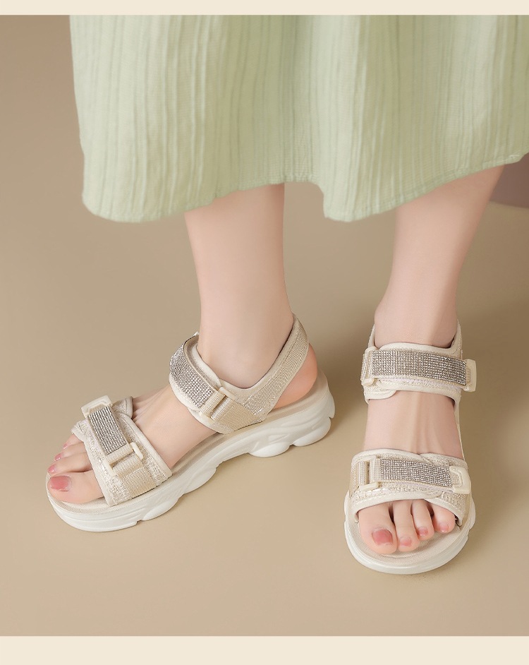 Sandal nữ đế dày quai dán đính đá phong cách thể thao — ES58 Màu be chi tiết 14