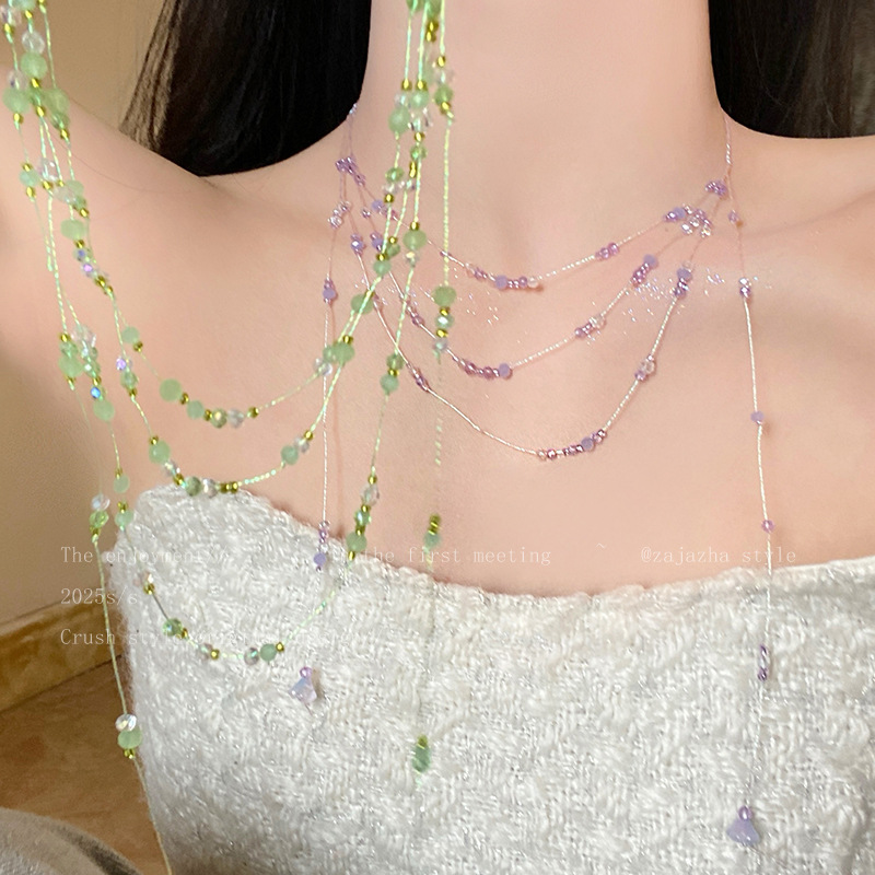 Dopamine Crystal Beaded Tassel Necklace for Women, Summer Fresh Style, Long Clavicle Chain, Multi-Layered Green Accessories