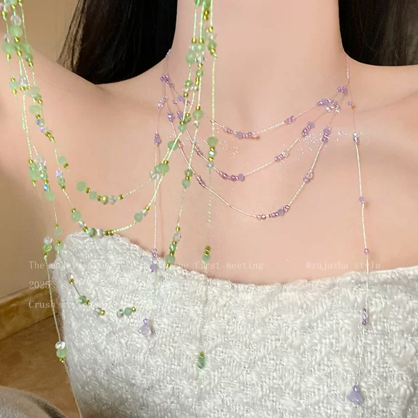 Dopamine Crystal Beaded Tassel Necklace for Women, Summer Fresh Style, Long Clavicle Chain, Multi-Layered Green Accessories