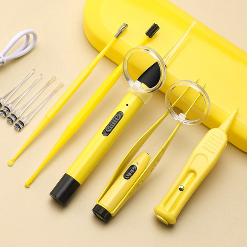 Children's luminous ear spoon set, ear scoop, ear scoop, baby ear tweezers with light, booger clip, rechargeable battery soft head