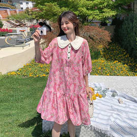 实拍粉色甜美娃娃领连衣裙女中长款2026夏季新款法式温柔风碎花裙