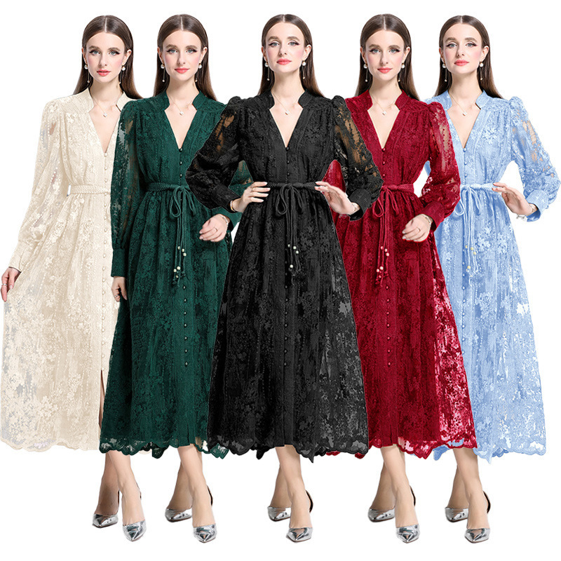 French-Style Elegant Women's Dress 2025 Spring Season, Waist-Cinching, Heavily Embroidered V-Neck, Lantern Sleeves, Single-Breasted Long Dress French-Style Elegant Women's Dress 2025 Spring Season, Waist-Cinching, Heavily Embroidered V-Neck, Lantern Sleeves, Single-Breasted Long Dress