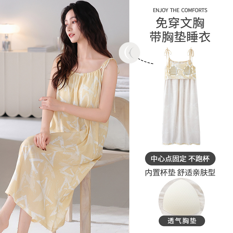 2025 nuevo estilo camisón de verano para mujer camisola sexy pijama sin mangas para mujer con almohadilla para el pecho falda floral de una pieza