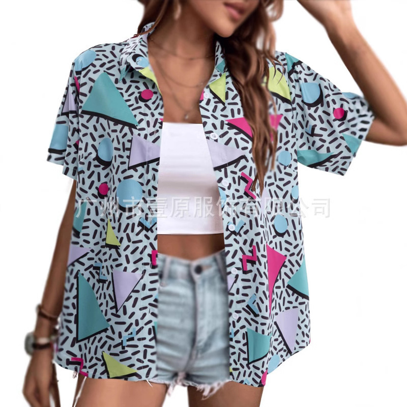 Cross-border European and American 2025 Amazon Summer New 8090 s Hippie Printed Retro Shirt Short Sleeve Shirt